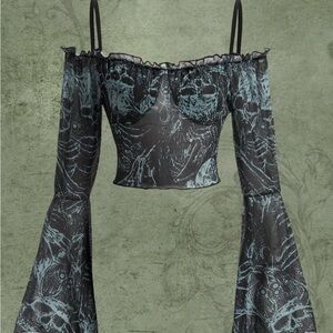 SHEIN ROMWE Fairycore Skull Print Bell Sleeve Off-Shoulder Crop Top Size Small